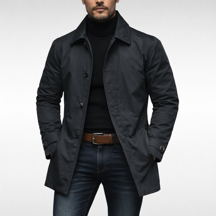 Front view of a casual men's button jacket, a warm and weatherproof long coat for winter and fall.