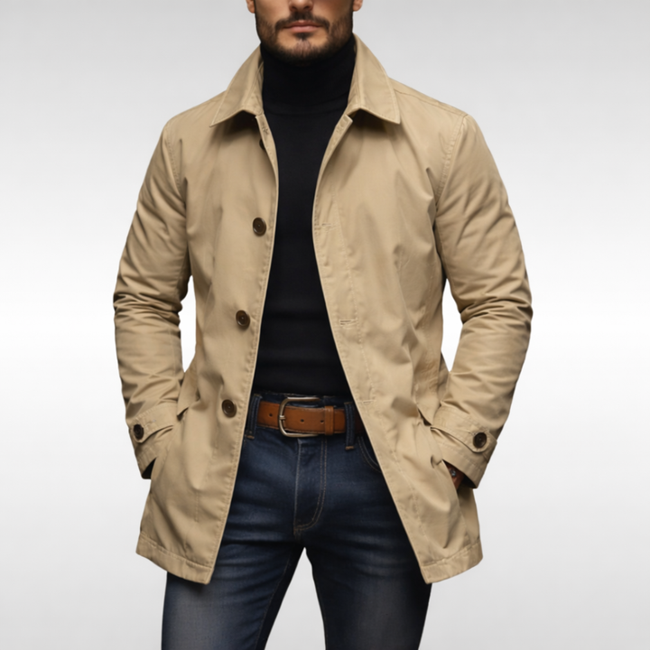 Man wearing a classic men's long insulated coat, a versatile weatherproof button jacket for daily use.