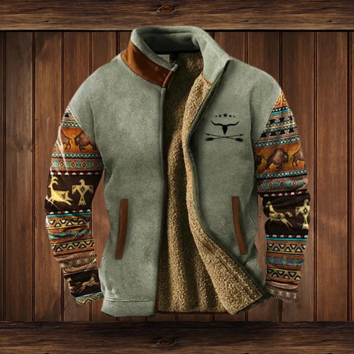 Men's Western Aztec print zip-up cardigan jacket, perfect for fall casual wear.