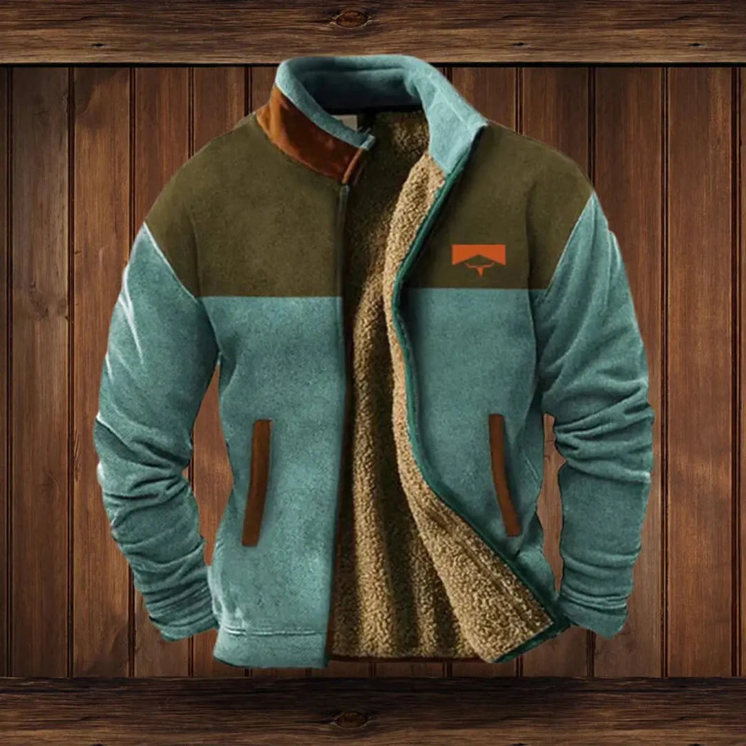Warm men's Western Aztec print zip-up jacket, ideal for winter boho style outerwear.