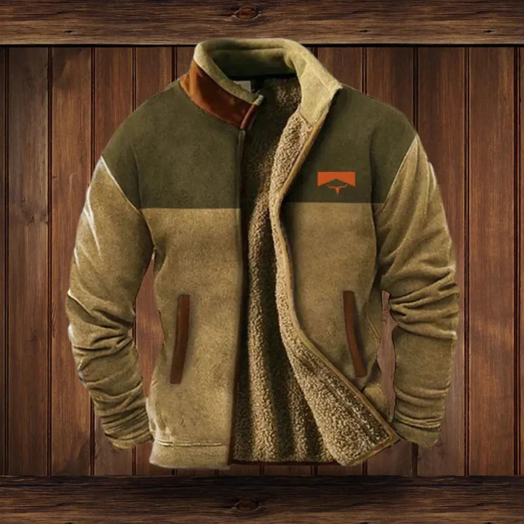 Men's fall fashion Western style jacket with vibrant Aztec print, warm zip-up cardigan.