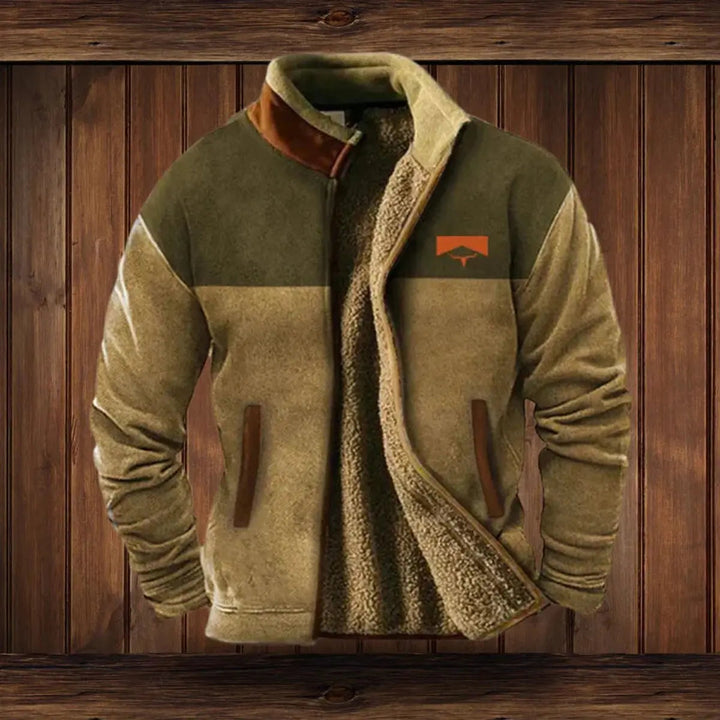 Men's fall fashion Western style jacket with vibrant Aztec print, warm zip-up cardigan.