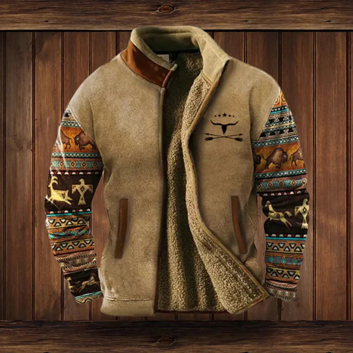 Boho style men's Western Aztec print zip-up cardigan jacket. Warm for fall & winter.