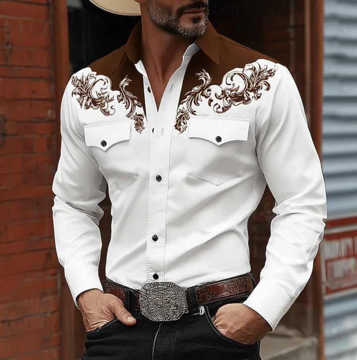 Bold Embroidered Men's Shirt, western style. Long sleeve button-down, a unique fashion piece for casual wear.