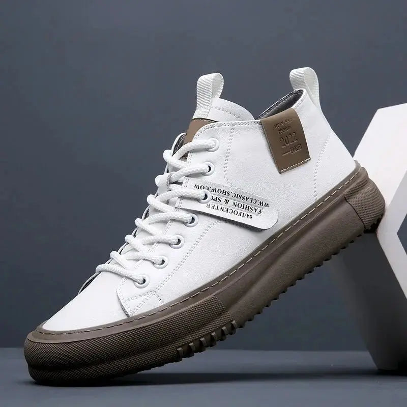 Men's white canvas high-top trainers, versatile lace-up casual shoes for everyday style & comfort.