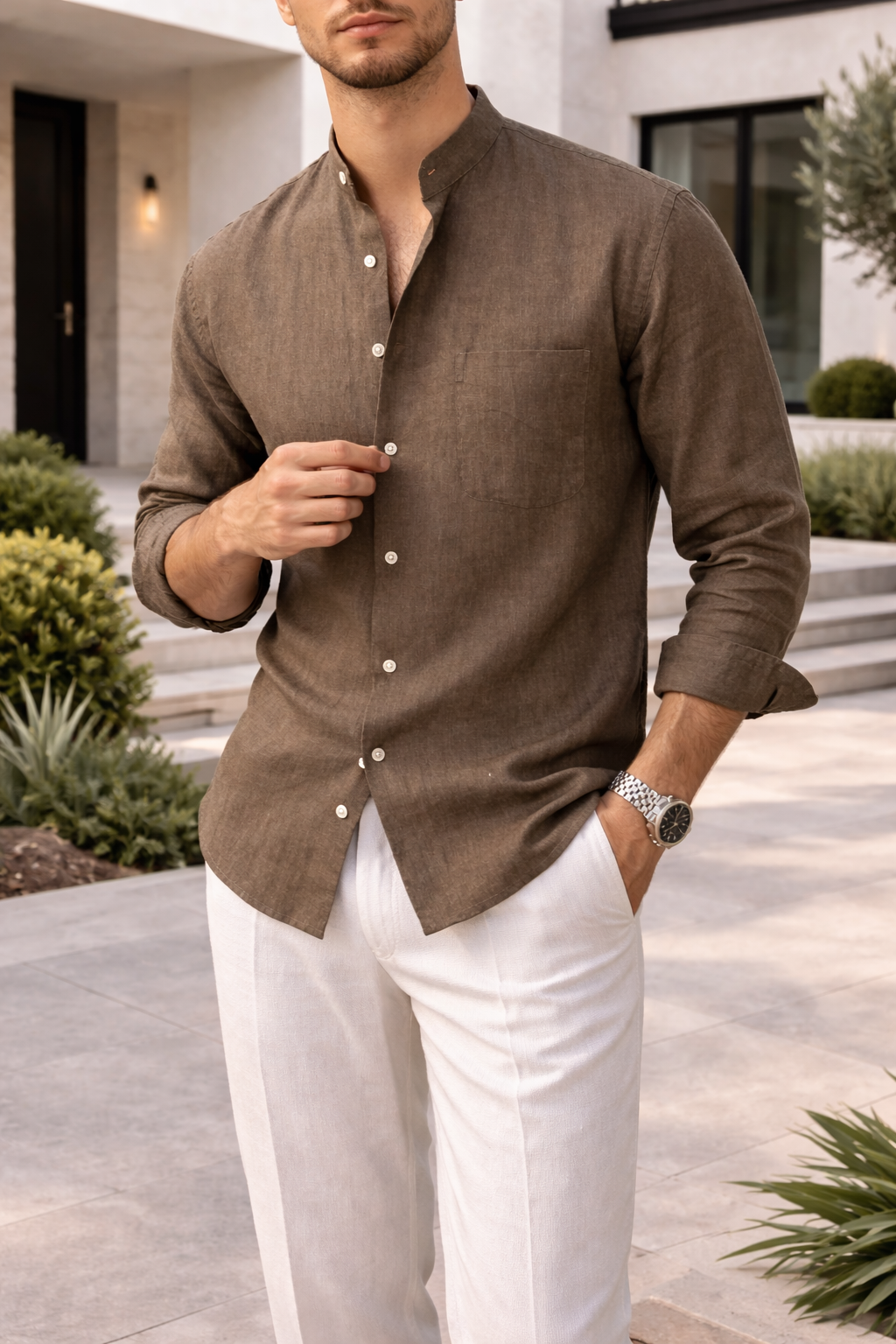 Stylish men's brown grandad collar shirt for a relaxed casual look. Ideal for summer, beach, or versatile holiday resort wear.