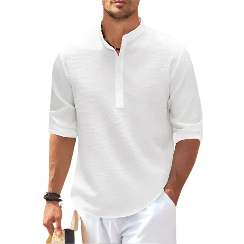 Men's white henley stand collar casual summer shirt, short sleeve, relaxed fit, perfect for everyday wear.