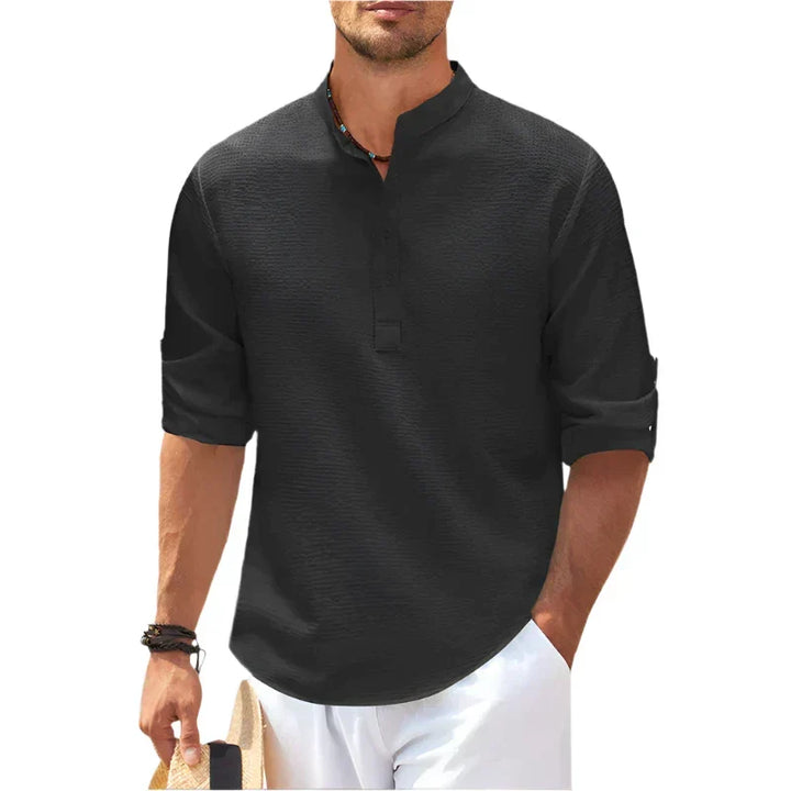 Lightweight men's henley shirt with stand collar, ideal for summer fashion & casual everyday wear.