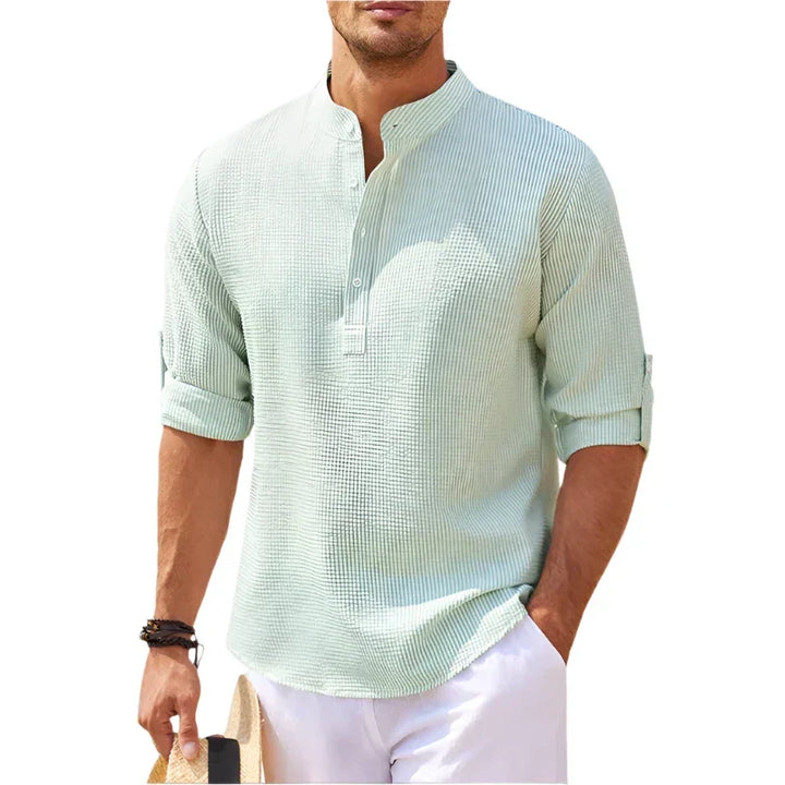Stylish men's short sleeve henley, stand collar, relaxed fit for a versatile casual summer look.