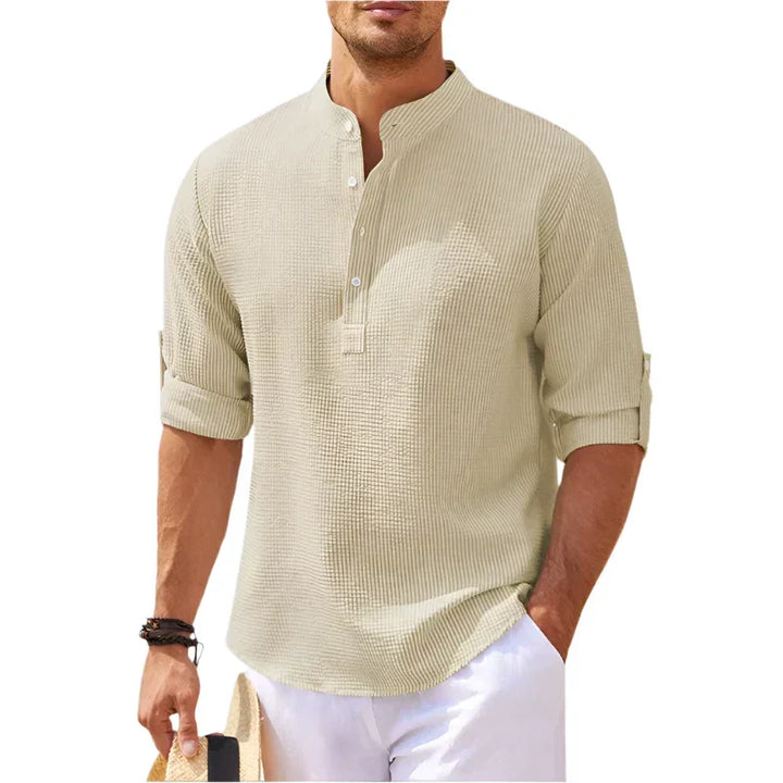 Casual men's summer shirt: henley with stand collar, short sleeves, lightweight fabric for comfort.