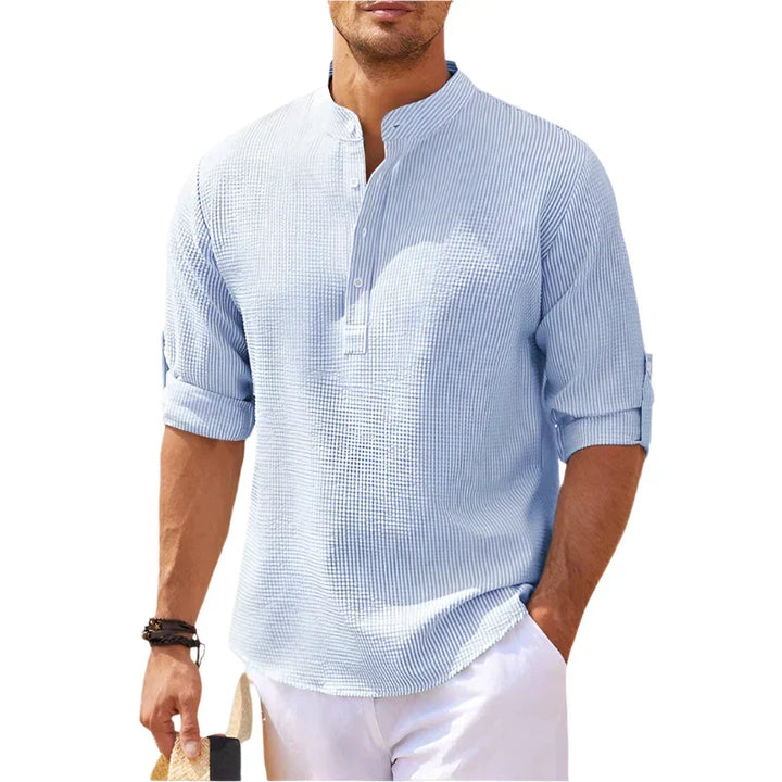 Men's fashion henley stand collar shirt, short sleeve, relaxed fit, suitable for casual summer outings.