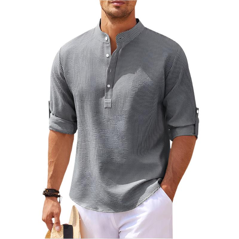 Versatile men's summer henley shirt with stand collar & short sleeves, great for casual everyday wear.