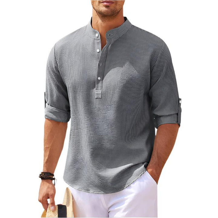 Versatile men's summer henley shirt with stand collar & short sleeves, great for casual everyday wear.