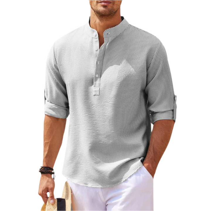 Relaxed fit men's henley shirt, stand collar, short sleeve, perfect lightweight casual top for summer.