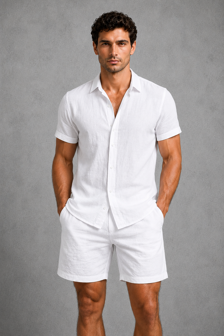 Men's white linen blend tailored co-ord set. Perfect breathable summer outfit for casual wear & resort style.