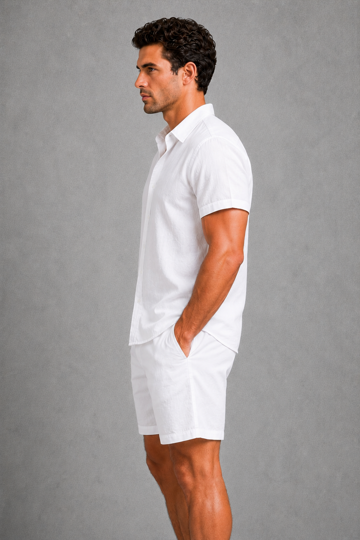 Stylish men's khaki linen blend tailored co-ord set, ideal for summer. Comfortable, breathable, and fashionable.