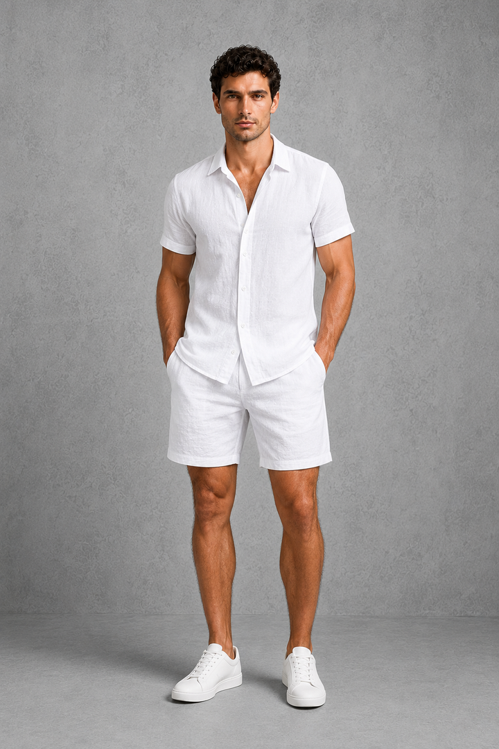Breathable men's khaki linen blend tailored co-ord set. Comfortable & chic summer outfit for effortless style.