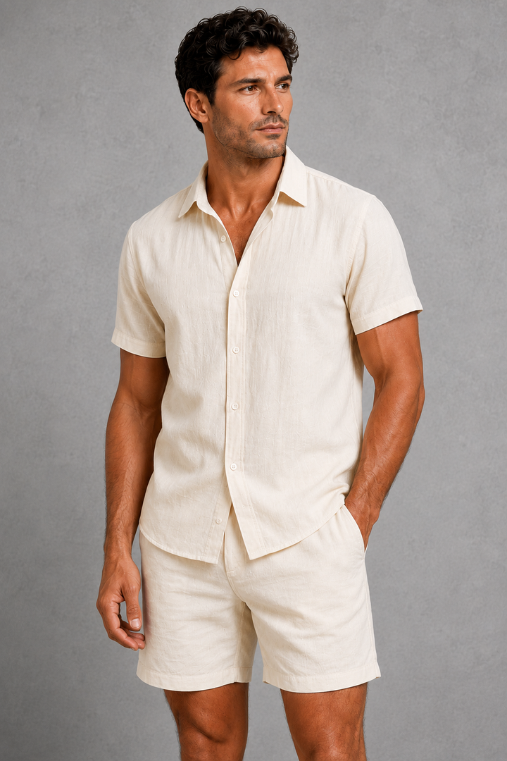 Fashionable men's white linen blend co-ord set. Tailored summer outfit for resort wear, casual events & beach style.