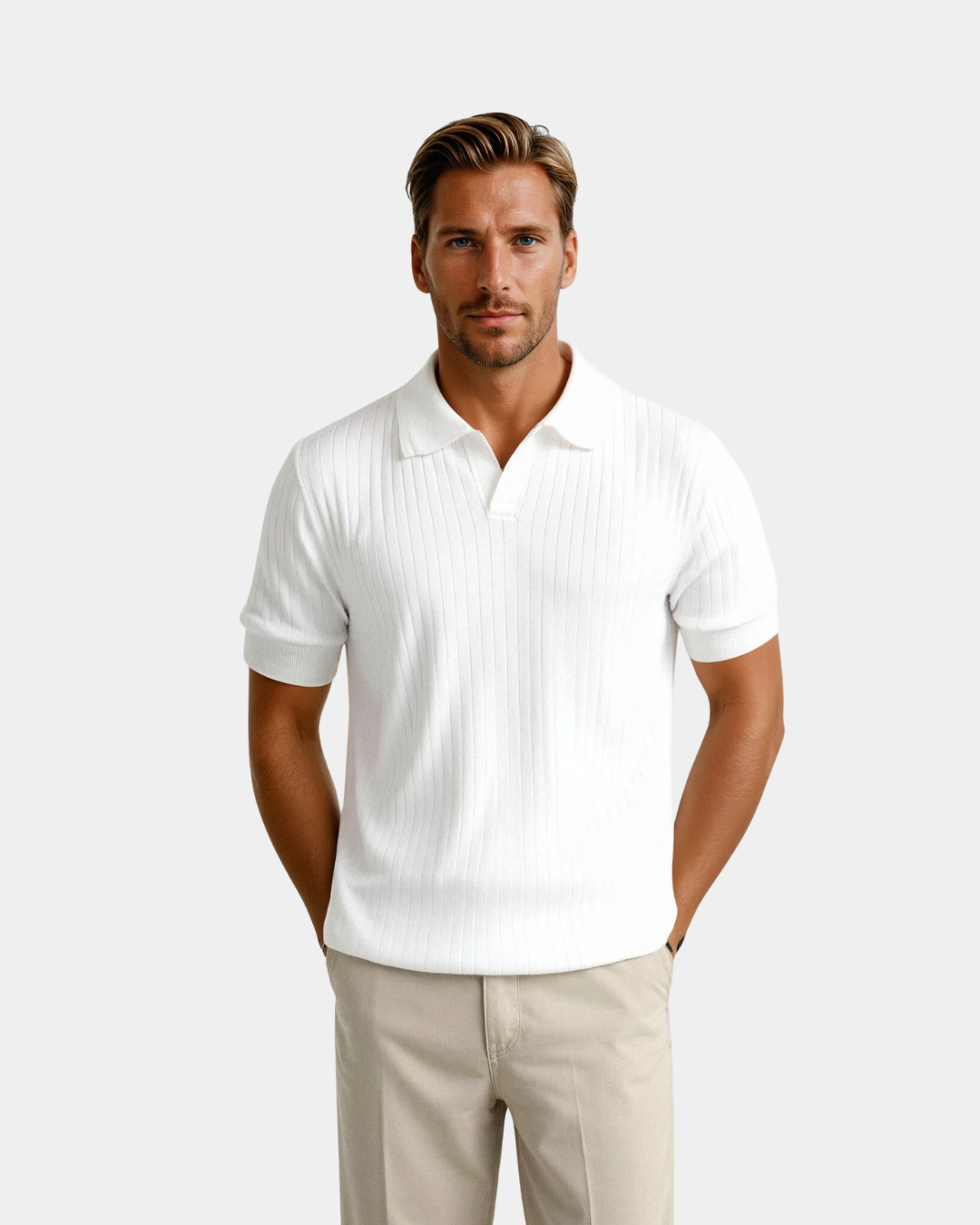 Men's white ribbed knit short sleeve polo shirt, perfect for smart casual spring & summer style.