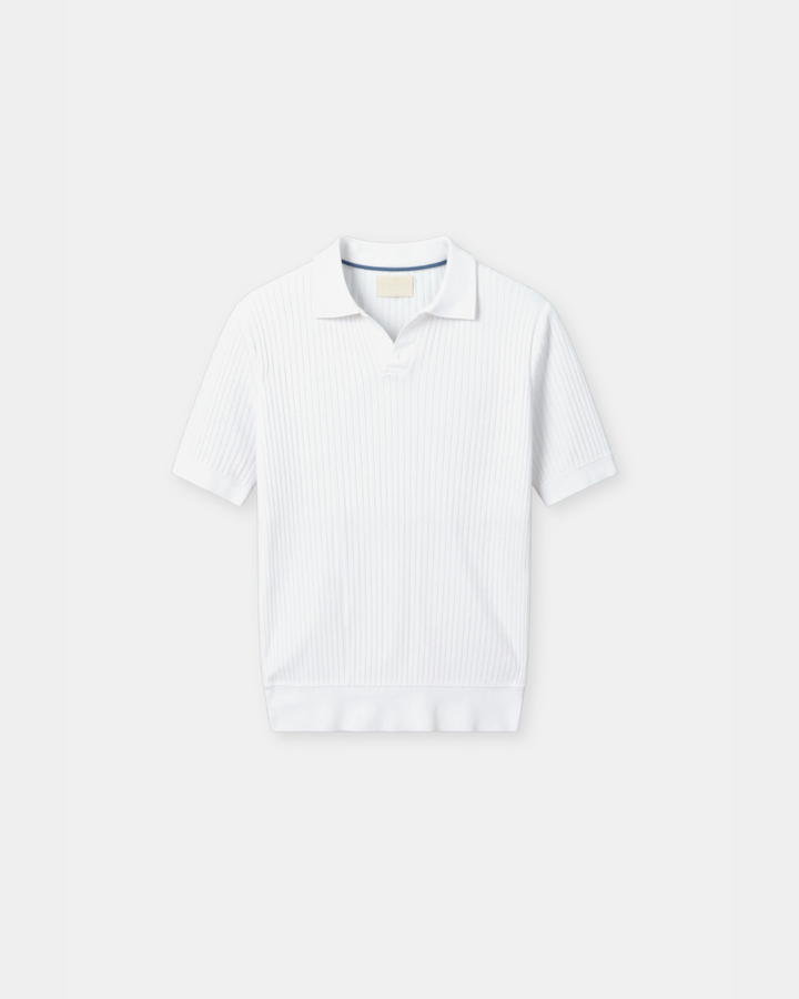 Slim fit men's ribbed knit polo shirt in white, offering effortless style & everyday comfort.