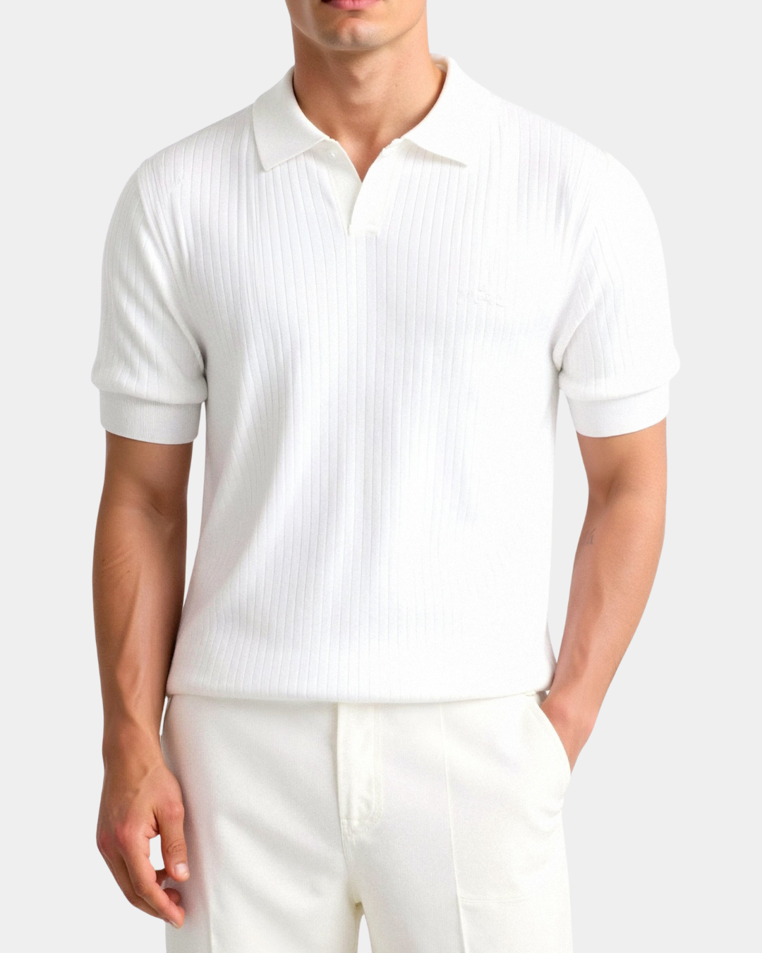 Stylish men's textured ribbed knit polo, ideal for casual wear and versatile summer fashion.