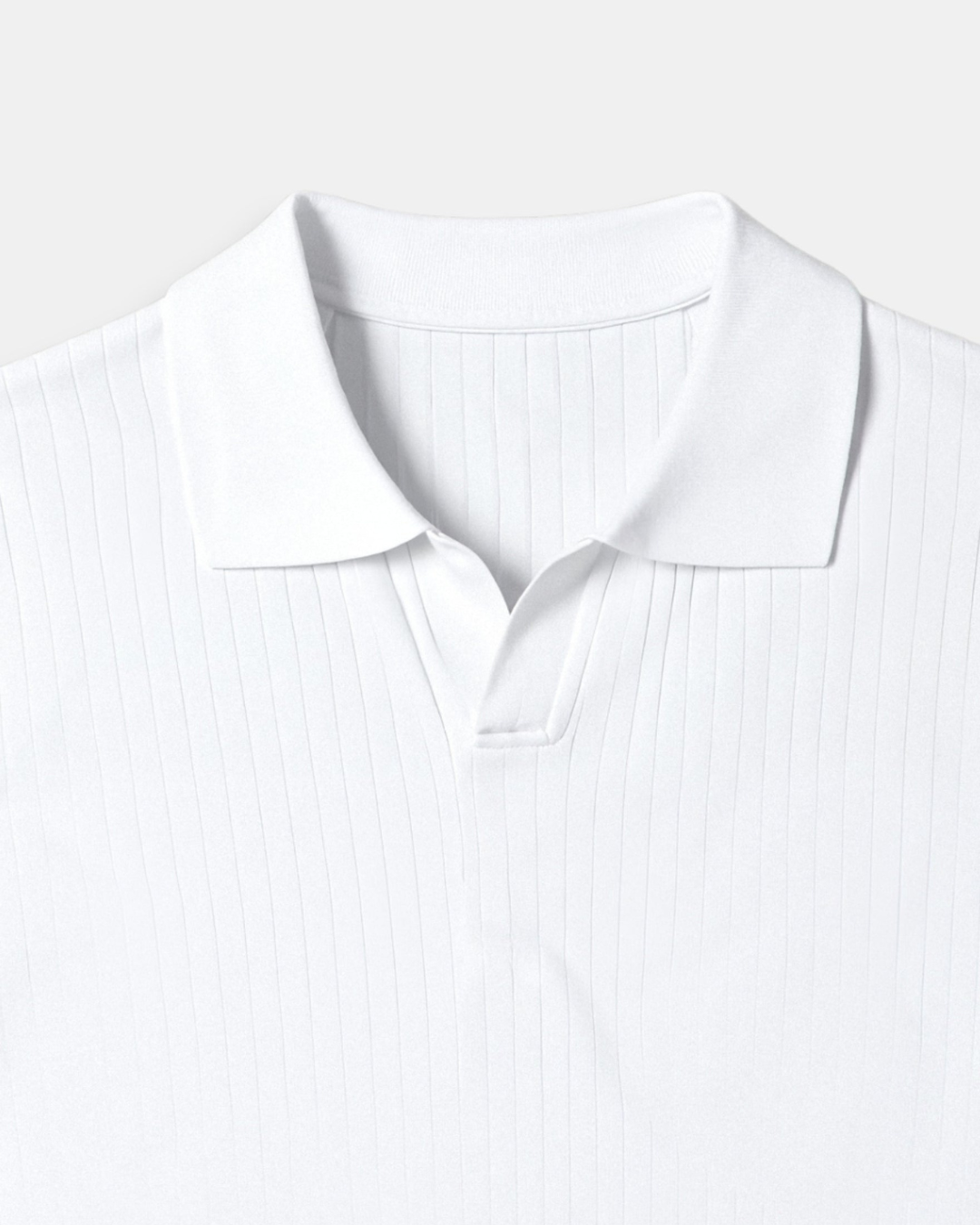 Men's short sleeve white ribbed knit polo shirt with textured fabric, great for versatile casual wear.
