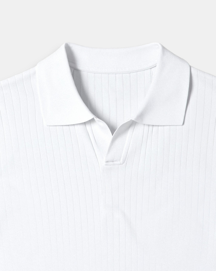 Men's short sleeve white ribbed knit polo shirt with textured fabric, great for versatile casual wear.