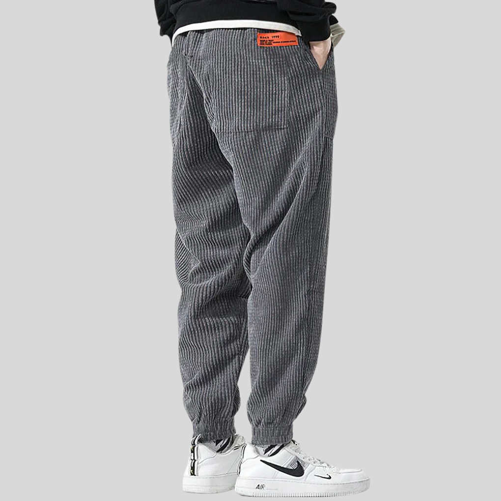 Textured corduroy joggers for men with a wide leg. Comfortable and stylish for casual wear or home loungewear.