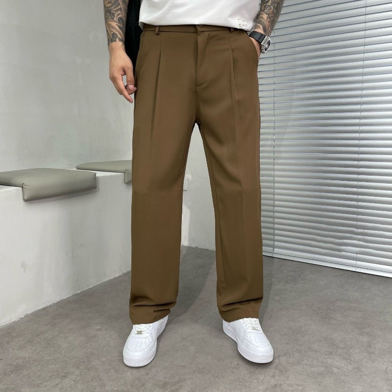 Men's wide-leg dress trousers, double-pleated, offering a relaxed, elegant fit for smart casual, formal, or workwear occasions.