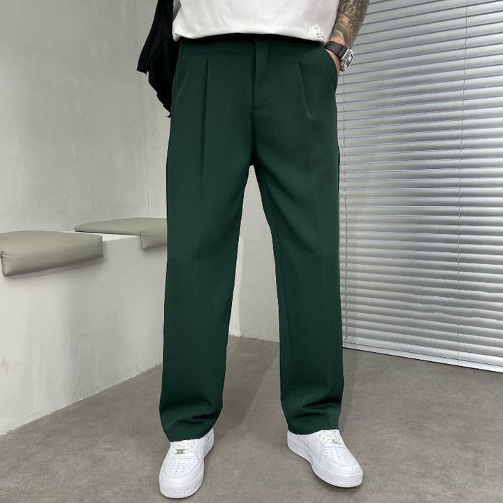 Men's wide-leg dress trousers with double pleat front. Relaxed fit, suitable for smart casual, formal workwear, or modern fashion.