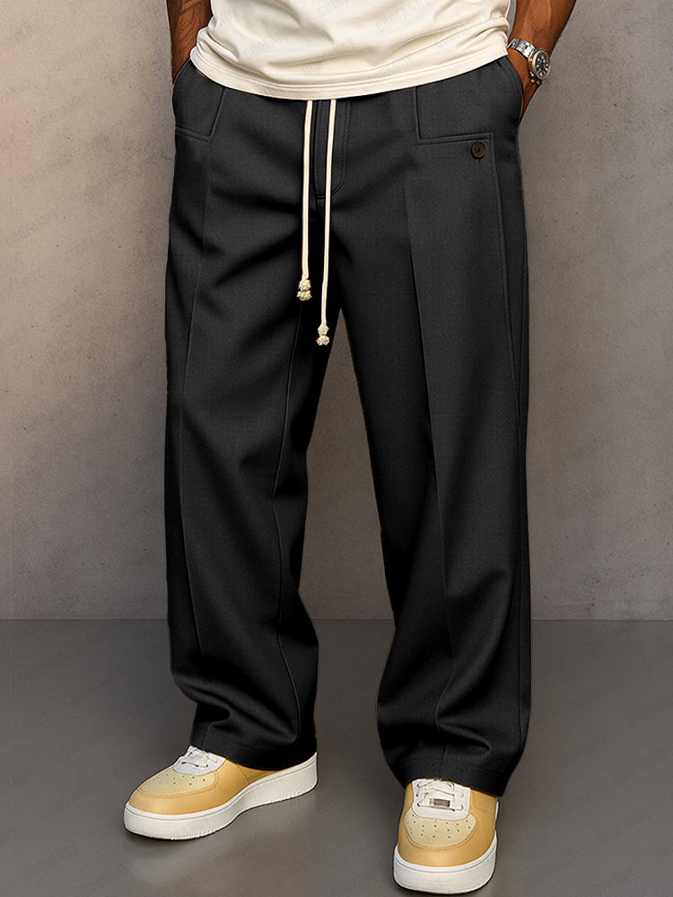 Comfortable men's wide leg drawstring pants with pleats. Relaxed fit casual trousers ideal for all-day wear.