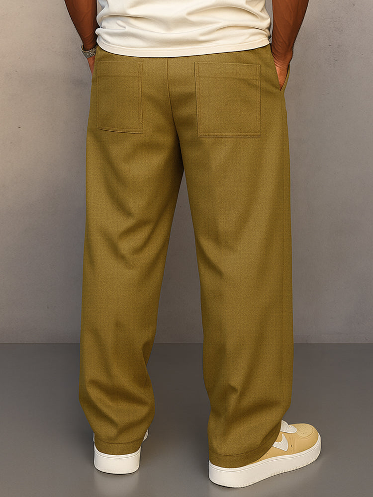 Smart casual men's wide leg trousers with pleats & drawstring. Comfortable relaxed fit pants for modern style.
