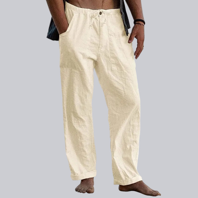 Full shot of men's wide leg summer trousers, showcasing the relaxed fit, lightweight fabric, and comfort for summer.