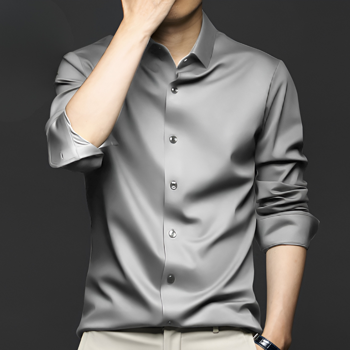 Men's formal long sleeve dress shirt. Wrinkle-free button-up for elegant business & special event attire. Easy care.