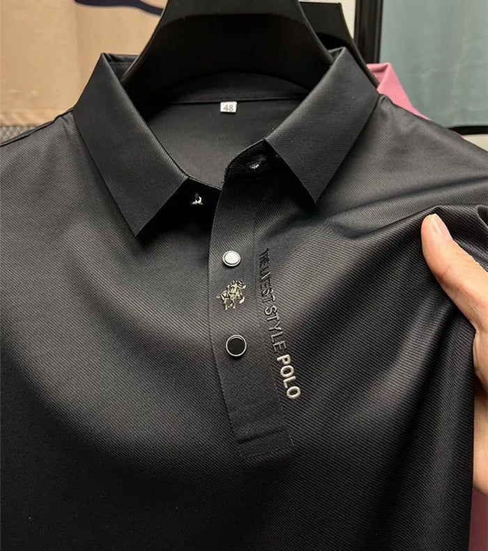 Men's short sleeve wrinkle-free polo, ideal for stylish spring/summer casual and breathable comfort.