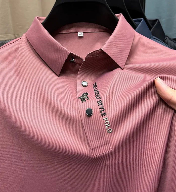 Breathable stretch men's polo shirt, wrinkle-free for comfortable, stylish spring/summer wear.