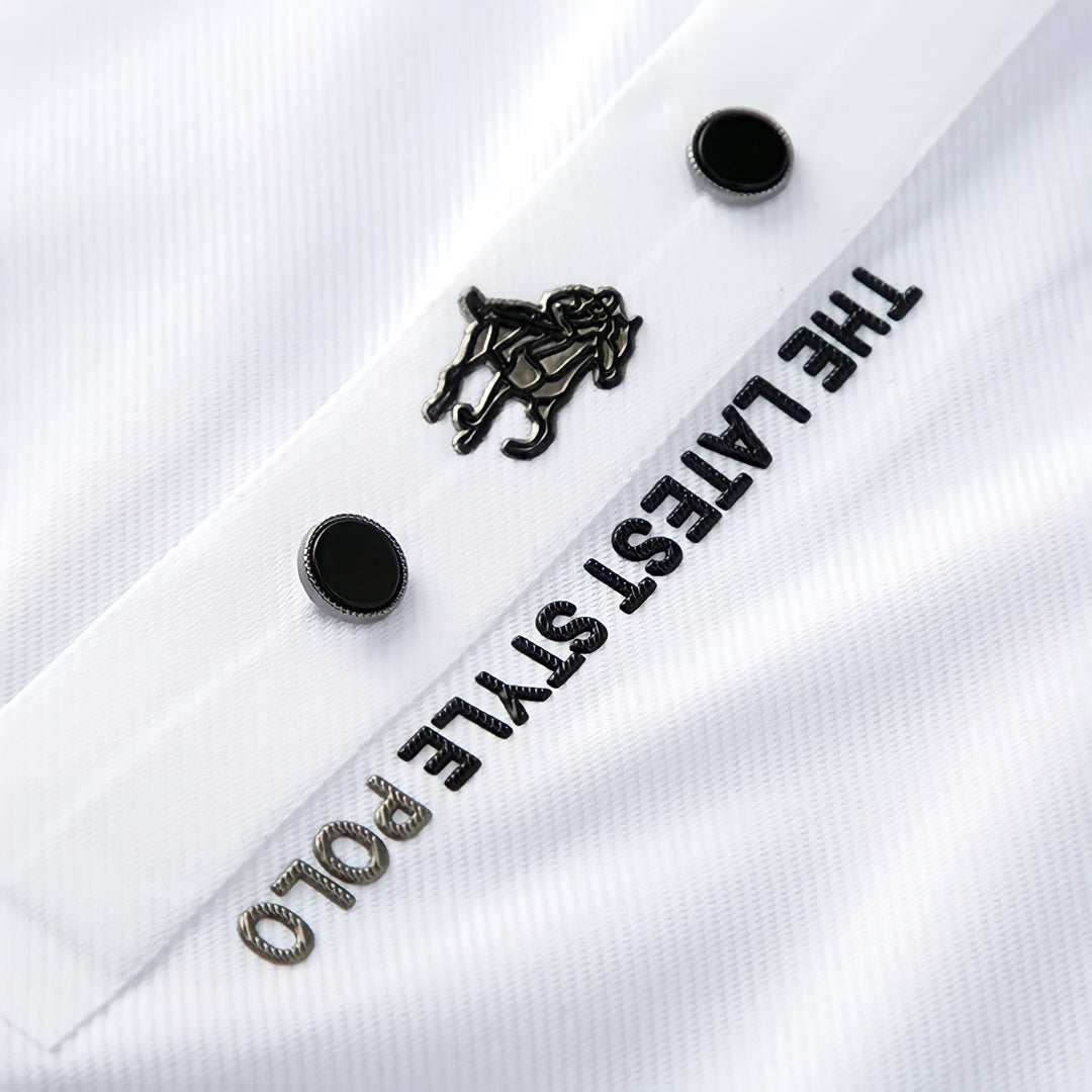 Modern men's wrinkle-free polo shirt, short sleeve with stretch, offering stylish comfort for spring.