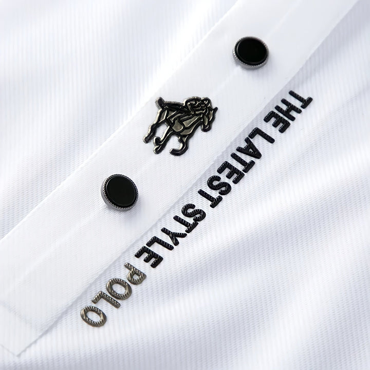 Modern men's wrinkle-free polo shirt, short sleeve with stretch, offering stylish comfort for spring.
