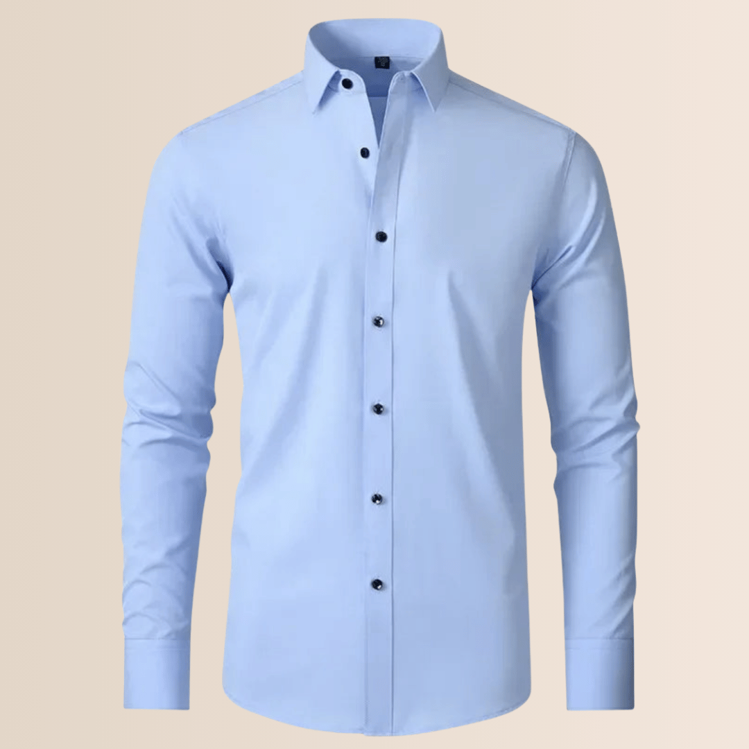 Crisp men's wrinkle-resistant dress shirt. Long-sleeve, non-iron for a polished professional look.