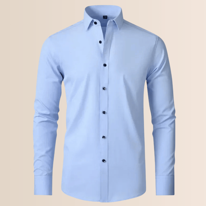 Crisp men's wrinkle-resistant dress shirt. Long-sleeve, non-iron for a polished professional look.