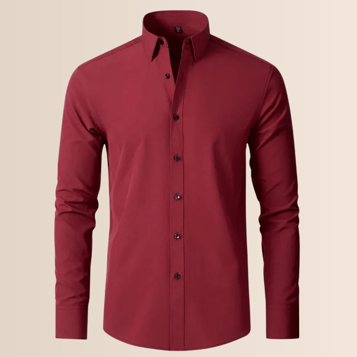 Professional men's long-sleeve work shirt, stretch fabric, wrinkle-resistant for office comfort.