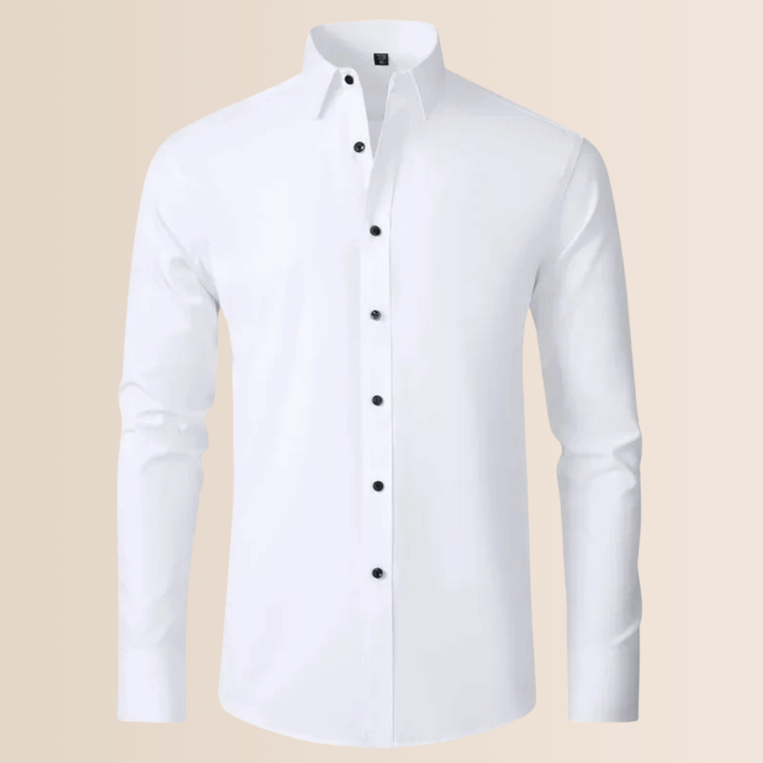 Classic white men's long-sleeve business shirt, wrinkle-resistant stretch, perfect for formal office.