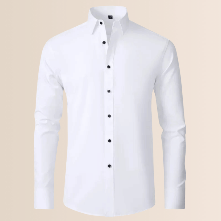 Classic white men's long-sleeve business shirt, wrinkle-resistant stretch, perfect for formal office.
