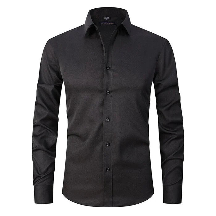 Long-sleeve men's button-up stretch shirt, wrinkle-resistant for professional and casual wear.