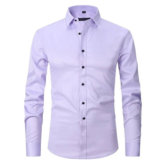 Wrinkle-resistant stretch button-up shirt for men, perfect for business travel and events.