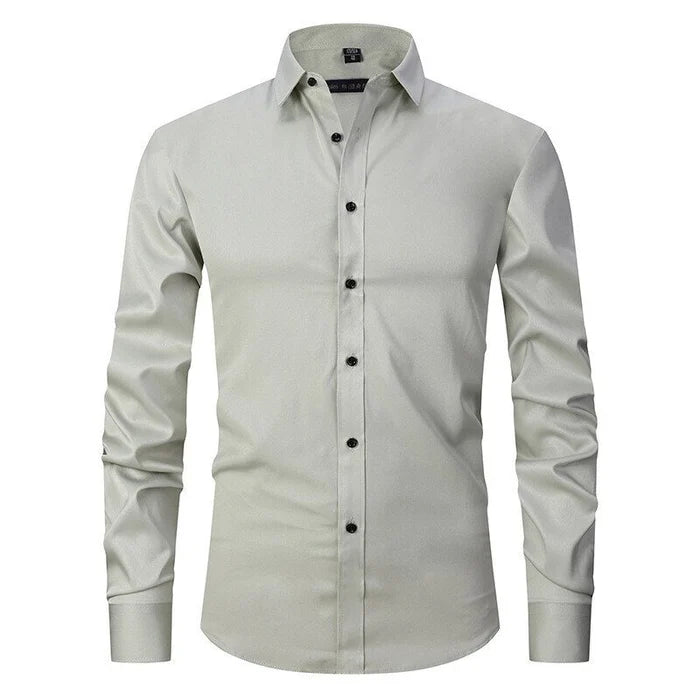 Modern men's stretch dress shirt, wrinkle-resistant button-up for contemporary fashion.