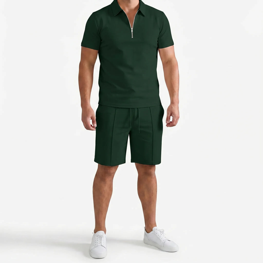 Men's casual summer fashion set: a modern zip polo and practical drawstring shorts for daily wear.