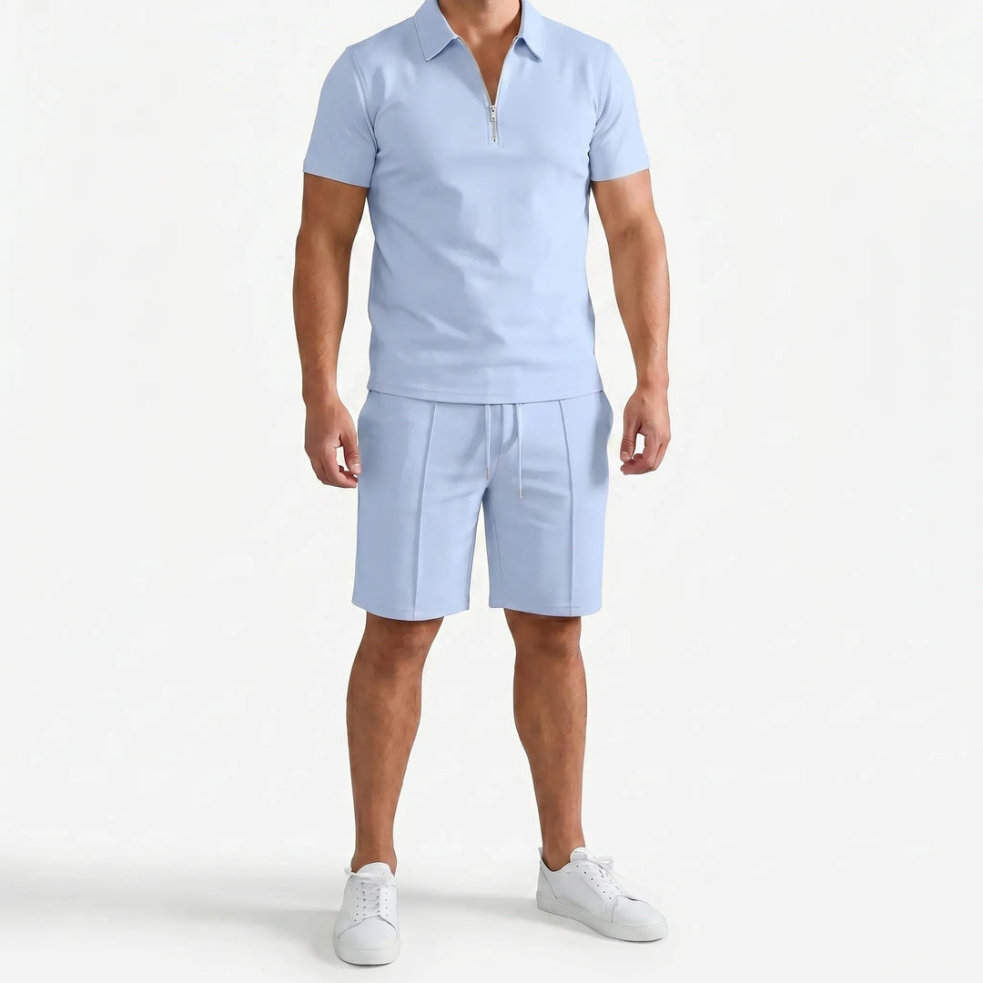 Close-up of a men's casual zip neck polo shirt, part of a comfortable summer two-piece outfit.