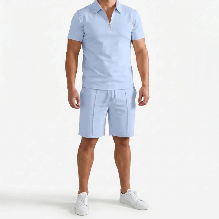 Close-up of a men's casual zip neck polo shirt, part of a comfortable summer two-piece outfit.