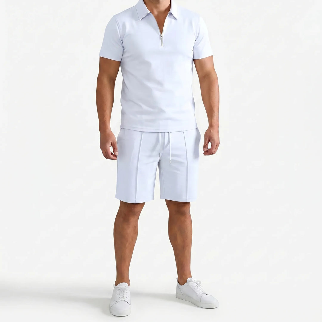 Versatile men's two-piece summer set: zip polo top & comfy drawstring shorts for casual fashion.